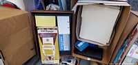Box containing wooden letter organizer, folders, envelopes, pads and boxes