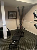 Bowflex exercise machine positioned in a corner on carpeted floor with framed artwork on the wall. Shows full length from front resistance rods through padded bench.