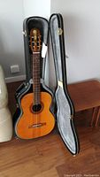 Full view of the acoustic guitar inside its black hard case with a gray plush interior, showing the guitar's front and case opened standing upright.