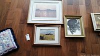 Three framed prints laid out on wooden floor showing different sizes and frames