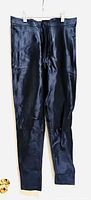 Front view of full-length dark blue shiny leggings hanging vertically, showing the entire garment.
