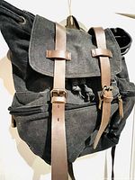 Front and side view of black waterproof canvas backpack with leather straps, displaying multiple zippered pockets and buckle closures.