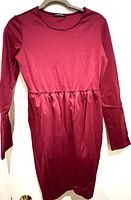 Front view of dark garnet long sleeve knit dress on hanger, showing round neckline and gathered waist detail.