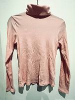 Front view of pink ribbed long sleeve turtleneck shirt laid flat against white background. Color appears soft pink but brighter than captured.