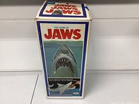 The original box for the 1975 Ideal The Game of Jaws game showing front with the shark and logo.