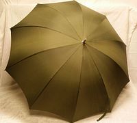 Top view showing the fully opened olive-green fabric canopy of the umbrella with multiple sewn panels.