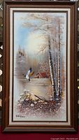 Front view of the framed Sue Young oil painting showing nature scene with ducks, trees, and cabin, signed bottom left.