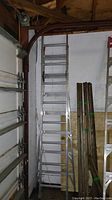 Full view of the Lite extension ladder in a closed position, leaning upright in a storage area showing overall condition and size.