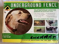 Front of original packaging box showing dog wearing containment collar and key product features