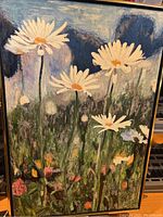 Full view of the oil painting showing large daisies, foliage, and sky background.