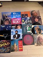 Overview photo showing 18 vinyl records with varied album covers, arranged on a wooden floor.