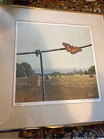 Photo showing the framed print artwork with butterfly on wire and hay field landscape