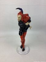 Side view of porcelain Mephistopheles figurine showing detailed costume and face.