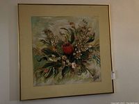 Full front view of 3D floral wall art signed by C Frederick with gold metal frame and cream mat.