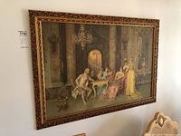 Full view of the large framed vintage print showing French royalty playing chess in an opulent interior.