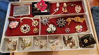 Full tray of assorted vintage and costume jewelry organized in compartments on a red velvet background inside a tray