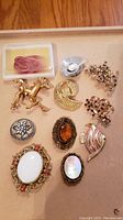 Photo showing 10 assorted vintage pins in various shapes including oval, free-form, animal shaped, and enamel detailed. Pins include gold-tone, silver-tone, and amber stone accents.