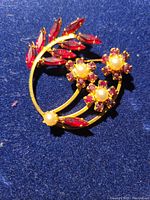 Clear close-up of brooch showing red rhinestones and faux pearls against a blue background.