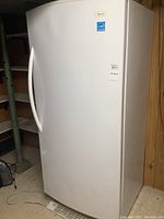Front view of white upright Woods freezer in basement near shelving and wood paneling