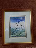 Framed original wax painting by Clare Allen with cattails and landscape, signed by artist.