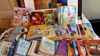 Photo showing an assortment of colorful photo albums with Disney characters and floral designs arranged on a surface.