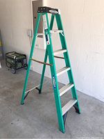 Front side view of green fiberglass Werner ladder with aluminum steps and black top; shows overall condition and structure