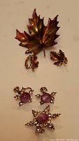 Maple leaf brooch with matching leaf clip-on earrings, and star-shaped purple rhinestone cabochon brooch with matching clip-on earrings