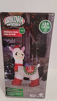 Box front showing the Airblown Inflatable brand and image of the Christmas llama decoration with LED lights and 3.5 ft height label.