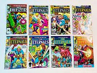 Group photo showing eight issues of The Eternals 1985 1st Mini Series comics, laid flat to show front covers.