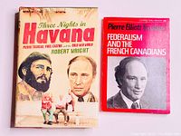 Two books shown together: 'Three Nights in Havana' by Robert Wright and 'Federalism and the French Canadians' by Pierre Elliott Trudeau with a red cover.