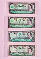 Front side showing the portrait of Queen Elizabeth II and serial numbers on all four bills in sleeves.