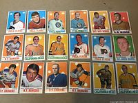 Photo showing the full lot of 18 vintage 1960s hockey cards arranged in rows on a flat surface displaying player portraits.