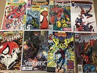 Full view of all 8 Spider-Man comic book covers laid out showing variety of issues and characters