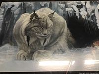 Close-up image of the lynx in the snow and cave scene.