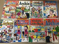 Lot of 8 individual Archie comics: Archie & Friends, Archie, Explorers of the Unknown, two Jughead issues, Betty & Veronica Spectacular, Archie's Joke Book, and another Archie comic.