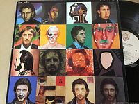 Colorful album cover with 16 portrait squares in various artistic styles with visible vinyl record partially shown.