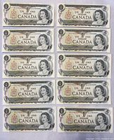 Front images of sequential 1973 Canadian one dollar bills with portrait of Queen Elizabeth II and serial numbers ECJ1922682 to ECJ1922691.