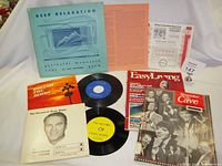 Photo of the full lot showing records, magazines, booklets, and ephemera on white background.