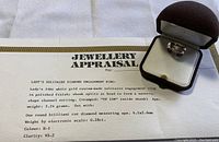 Engagement ring in presentation box with appraisal certificate visible