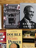 Close-up of four books: The Magnolia Palace, A Promised Land, Double Your Brain Power, William Faulkner book