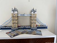 Assembled Tower Bridge front view with instruction manuals displayed in front