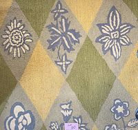 Close-up of rug pattern showing diamond shapes with various blue and white floral designs on yellow, green, and gray background.