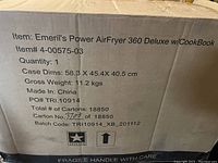 Cardboard box label with product details for Emeril's Power AirFryer 360 Deluxe with CookBook, model 4-00575-03.