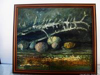 Frontal image of the framed oil painting showing the fish skeleton, fruit, and textured background.
