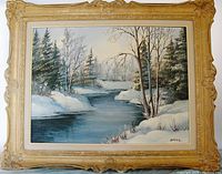 Framed oil painting on board of winter landscape with river and snow-covered banks.