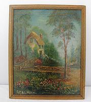Front view of oil painting on board, showing detailed cottage scene with flowers and trees, visible crazing on painting surface.