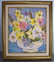 Full view of the framed floral oil painting showing pastel colored flowers in a white bowl against a blue background.