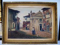 Front view of oil painting showing the full street scene with people and buildings, including an ornate gold frame with some visible chips.