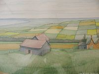 Close-up of the farm buildings and patchwork fields in the watercolour painting.