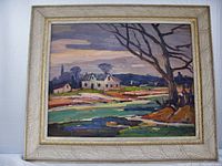 Front view of framed painting showing landscape scene and frame